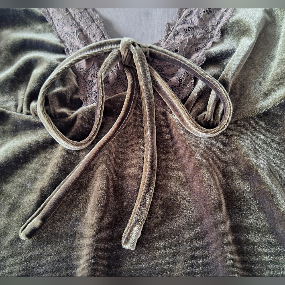 Cider Olive Velvet V-Neck Solid Lace Detail Mini Dress - Picture 4 of 14